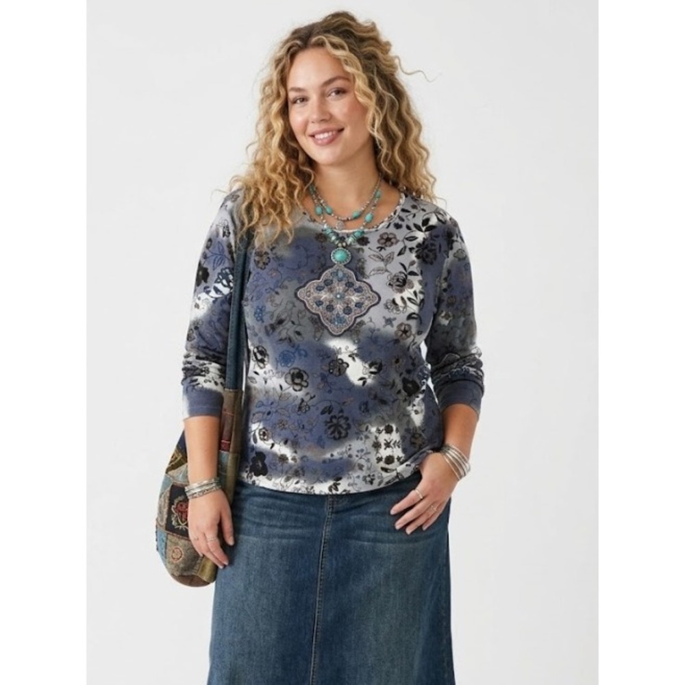Vintage ALC‎ Sequin Top XL Blue Grey Floral Cotton Stretch Boho Festival
